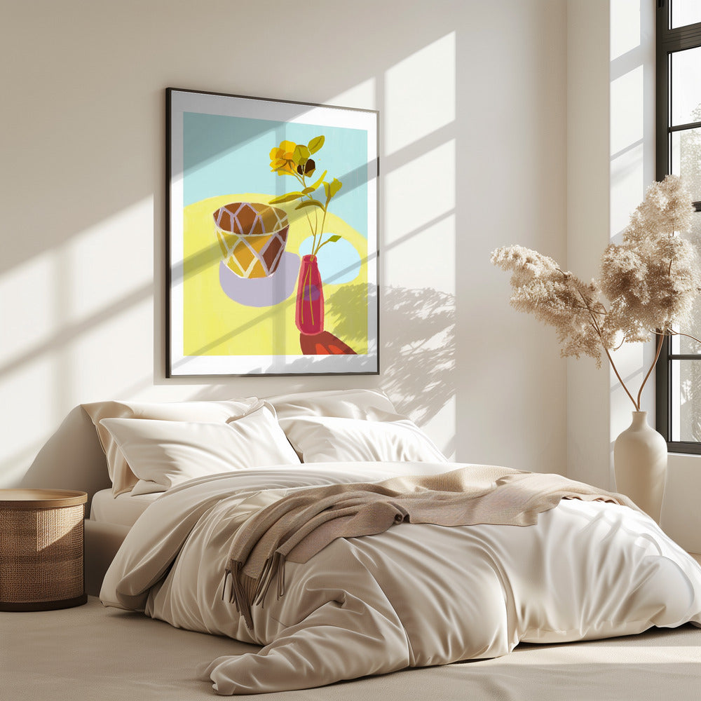 Gele bloemen in een rode pot | Poster