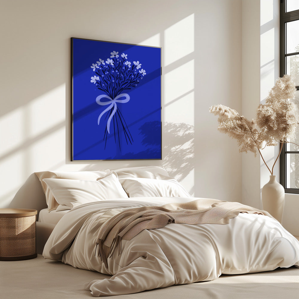 Floral Bouquet With Bow - monochrome blue | Poster