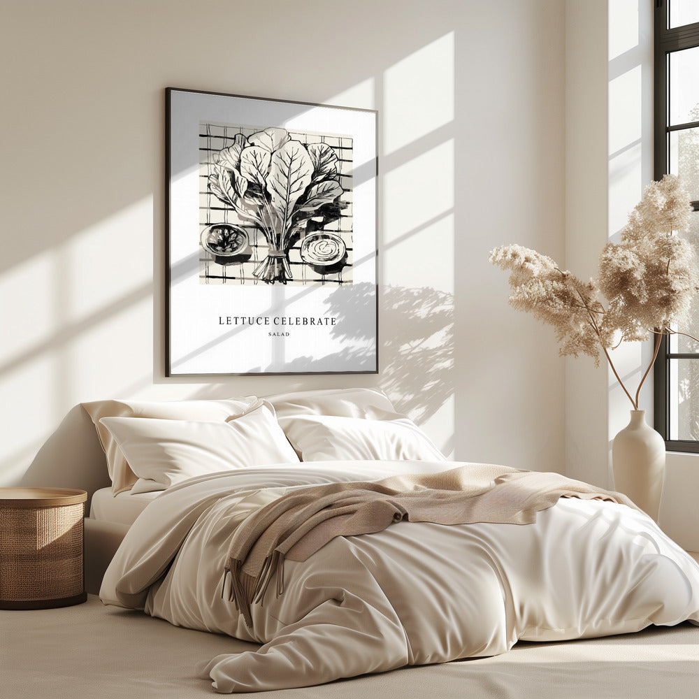 Zwart-witte inktillustratie van salade-ingrediënten | Poster