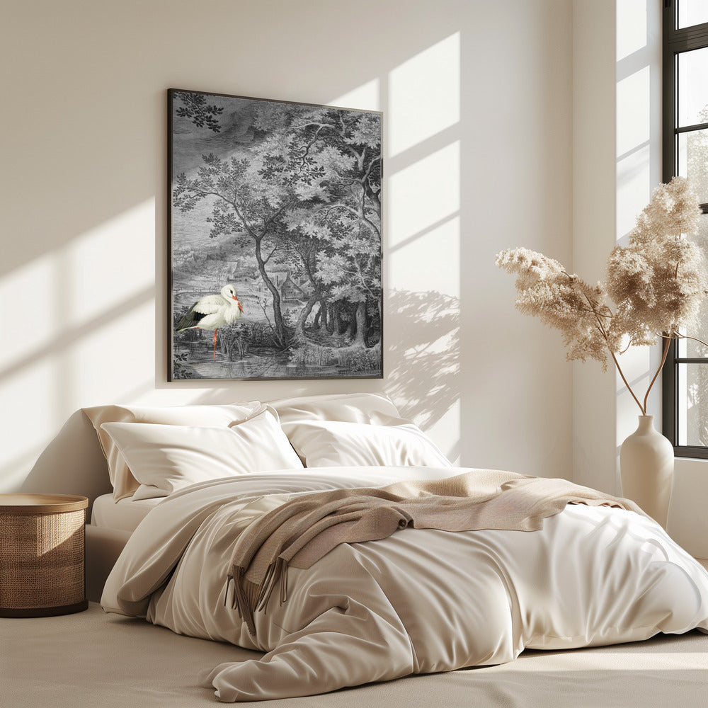 Vintage landschap met ooievaar | Poster