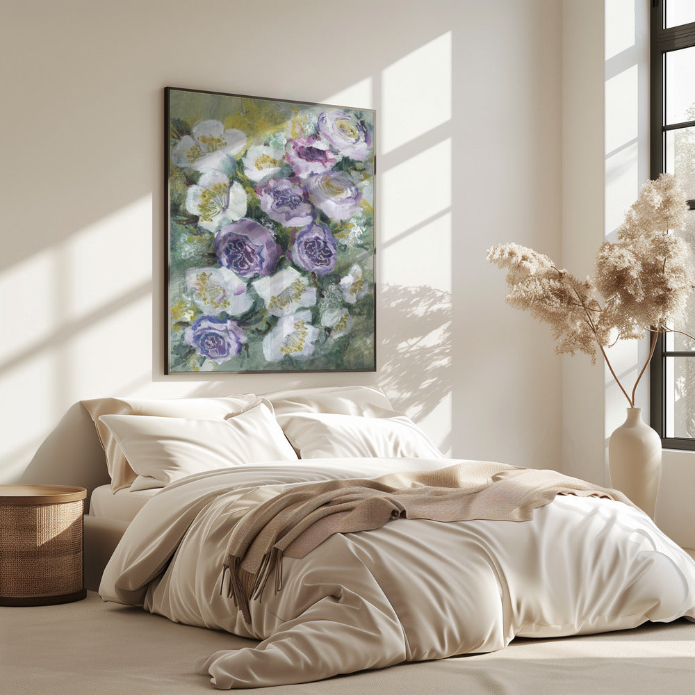 Bloemencompositie met witte en paarse bloemen | Poster