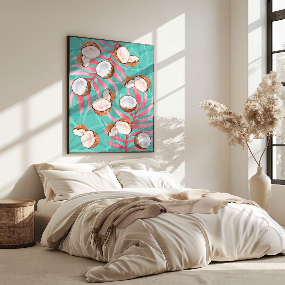 Pink Tropical Coconut & Palm Leaves Aesthetic Pattern - Modern watercolor | Poster