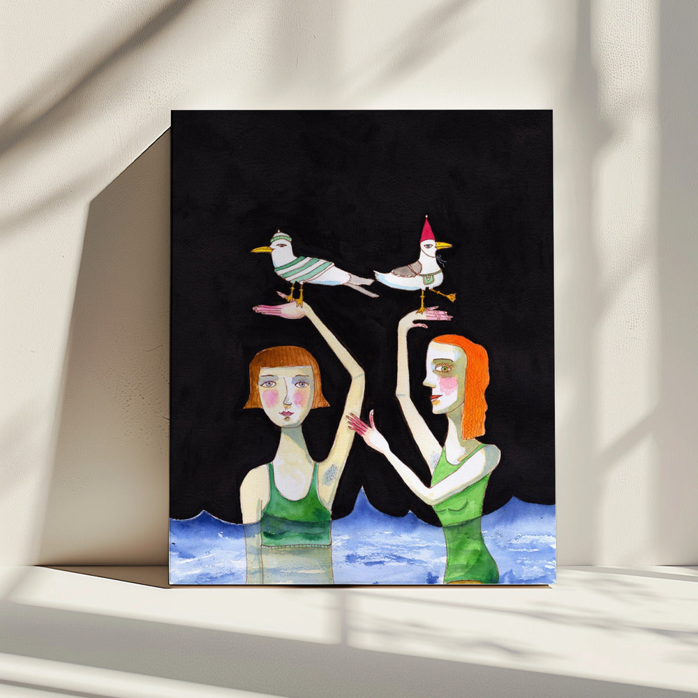 Beste vrienden zwemmen met vogels | Canvas
