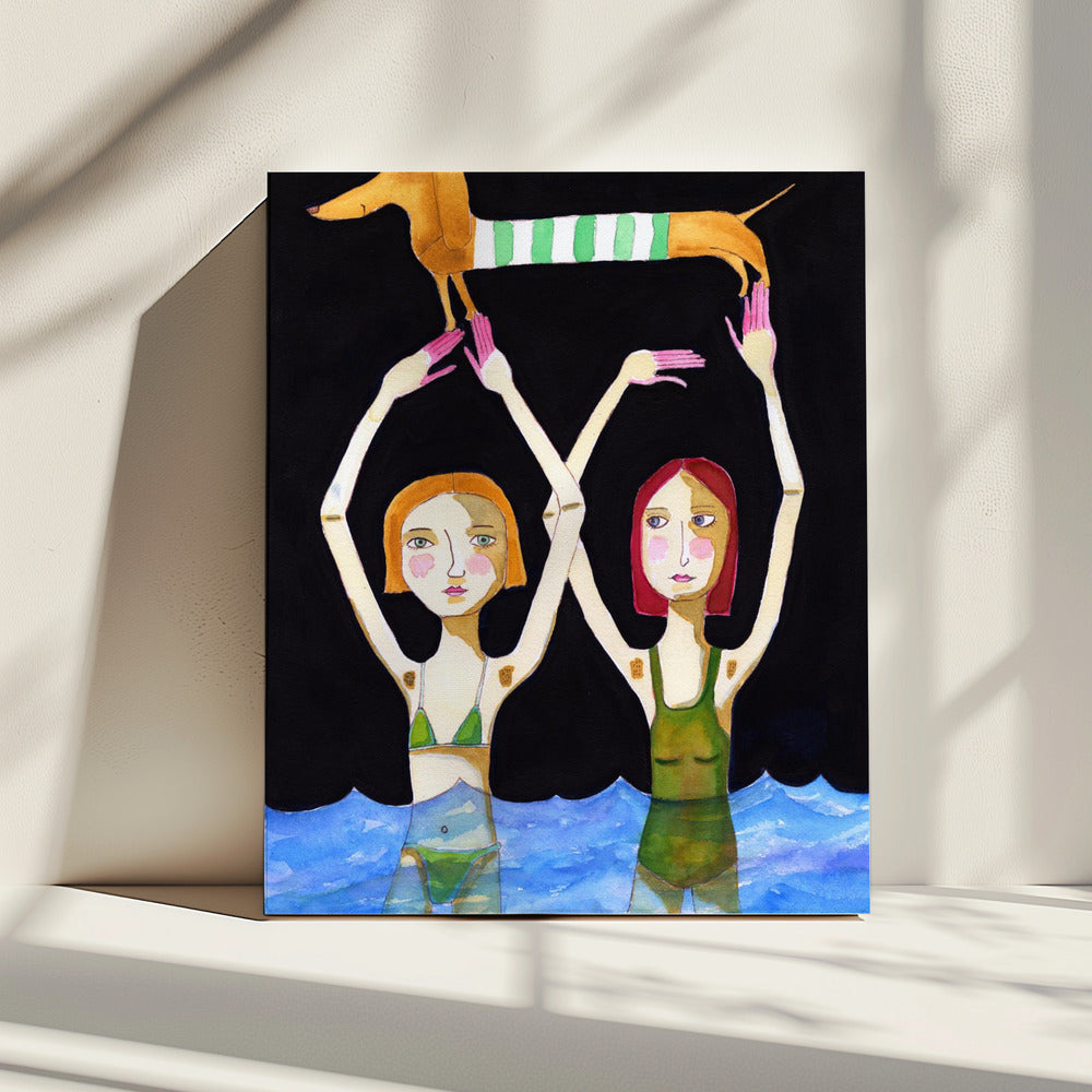 Zwemmende meisjes met teckel | Canvas