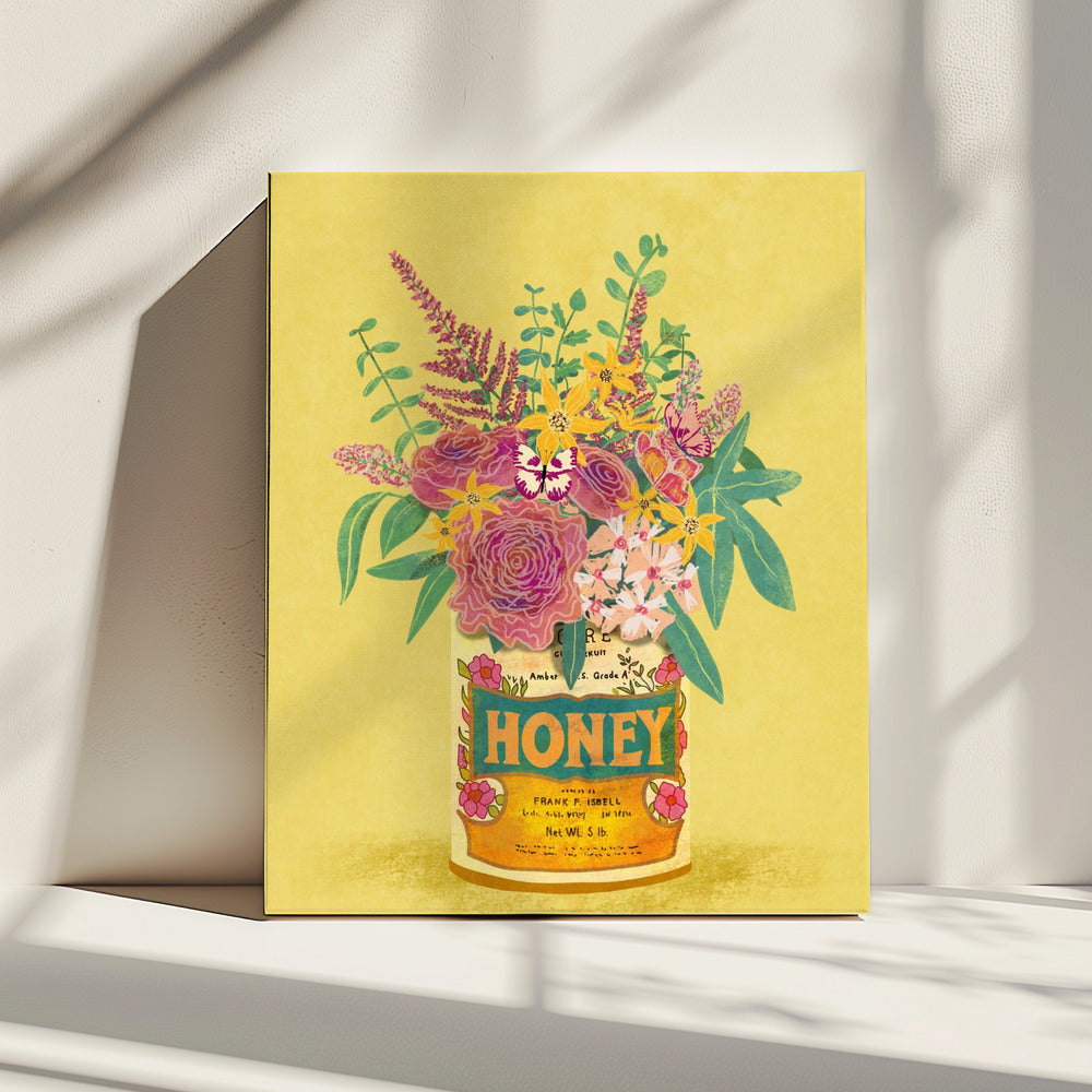 Bloemen in een vintage honingblik | Canvas