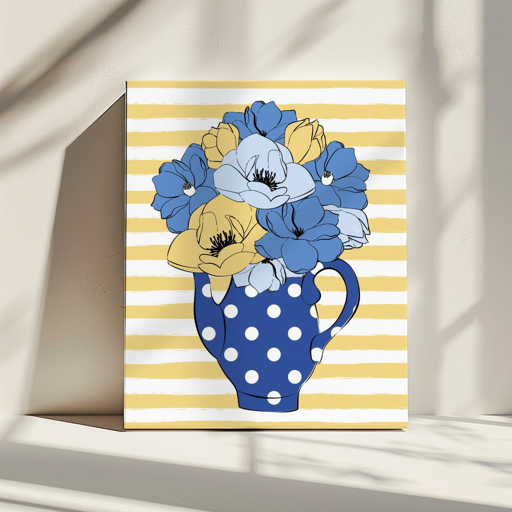 Blauwe en gele bloemen in een stippenvaas | Canvas