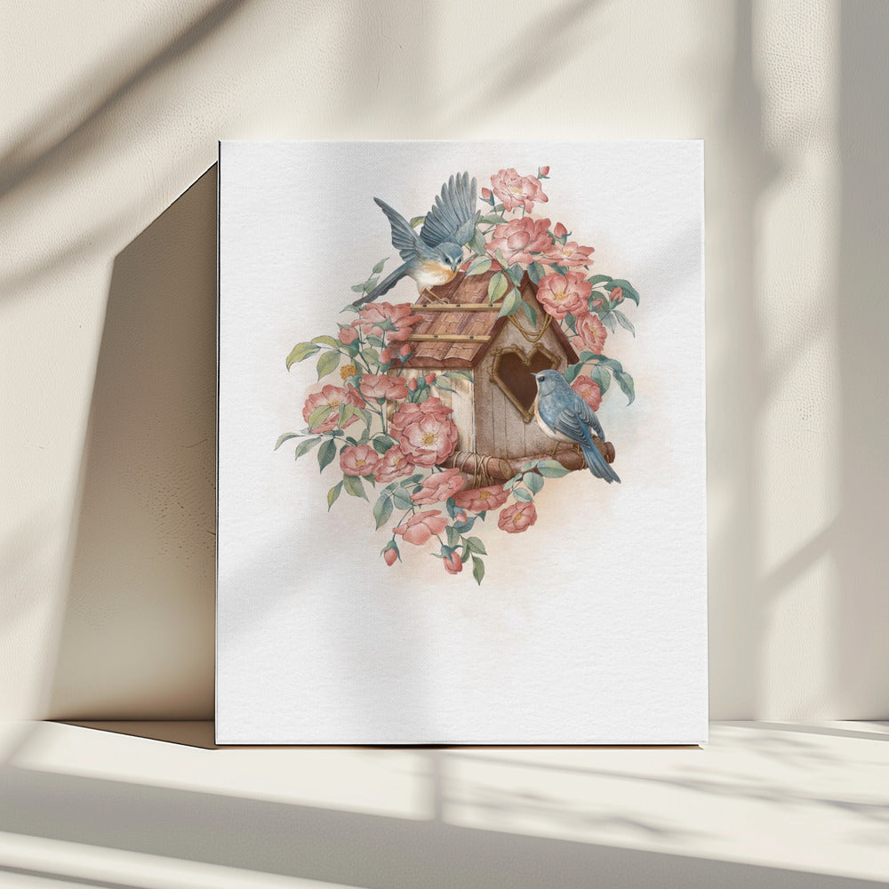 Vogelhuisje en roos | Canvas