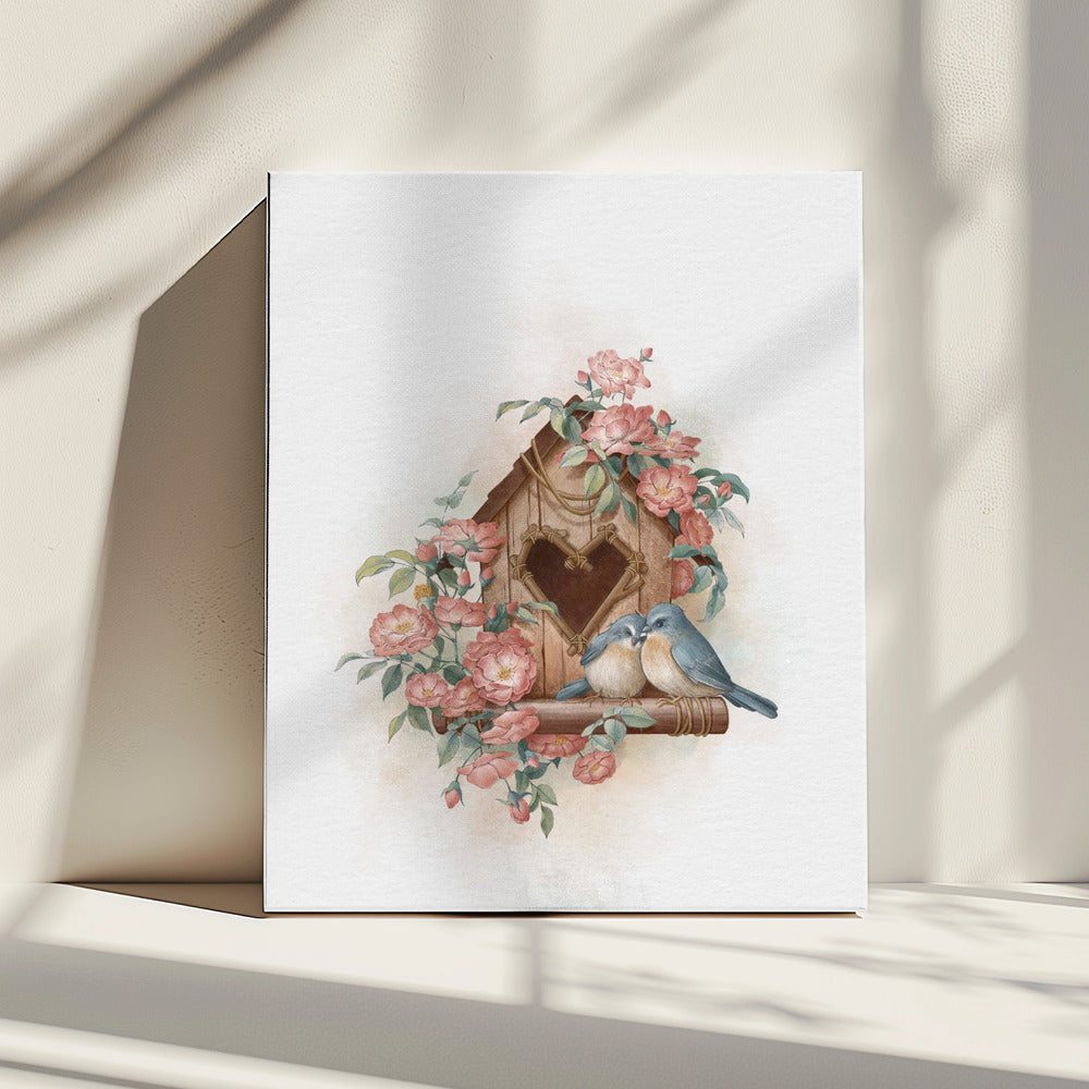 Vogelhuisje en roos | Canvas