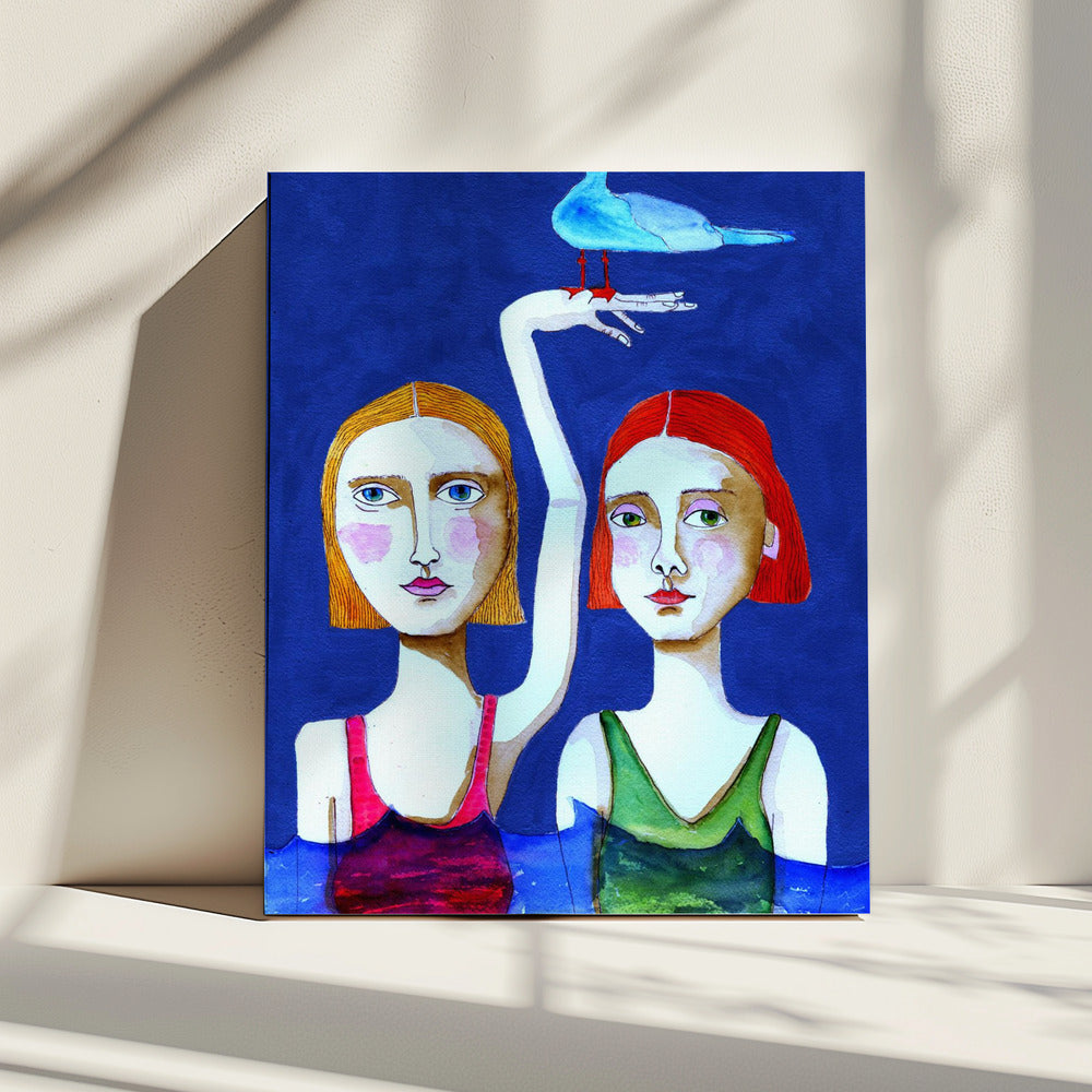 Zwemmende dames met blauwe vogel | Canvas