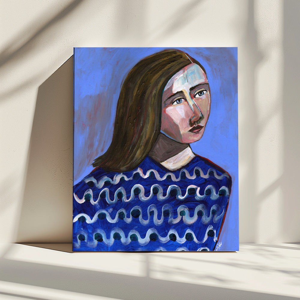Vrouw in blauwe trui Naïef portret figuratief | Canvas