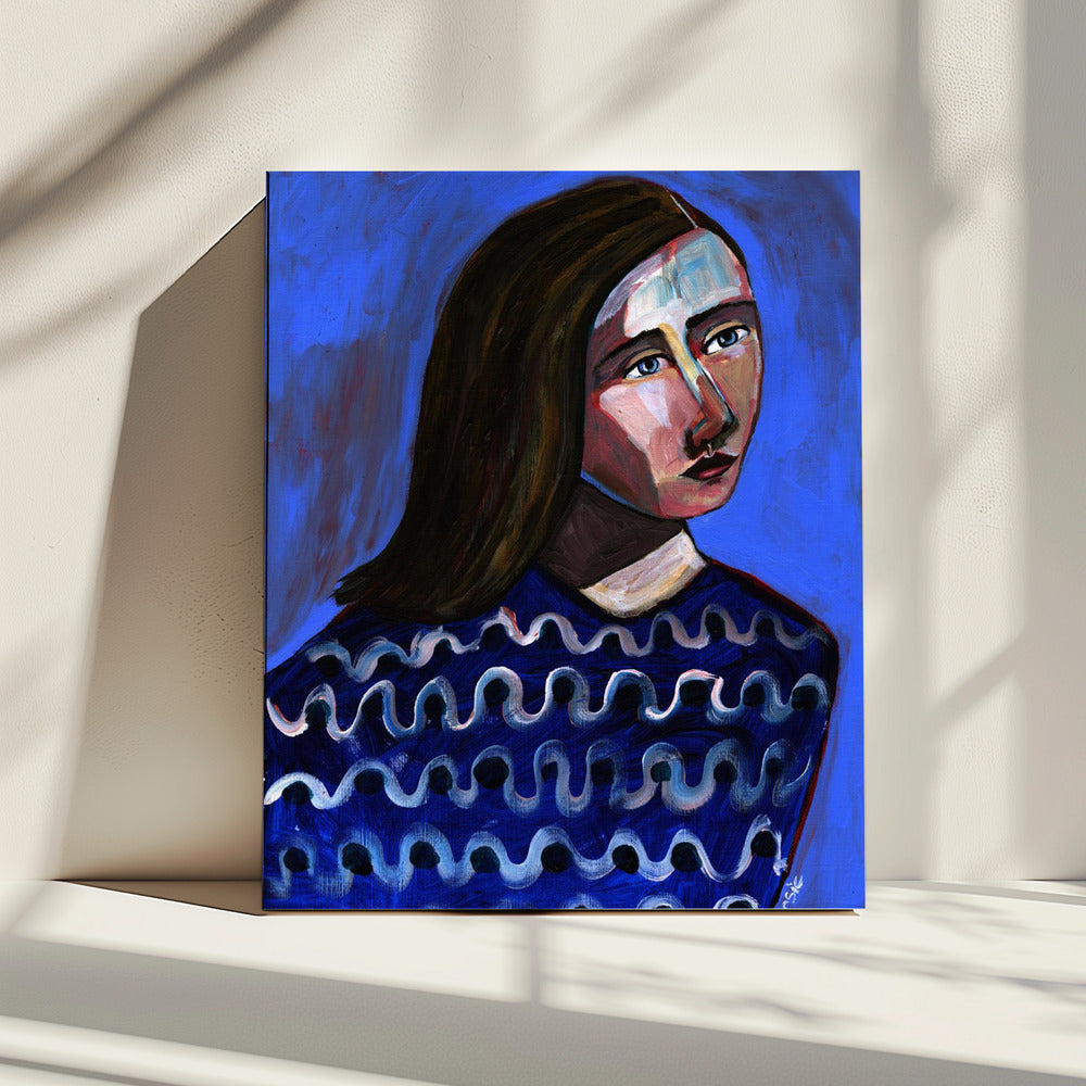 Vrouw in blauwe trui Naïef portret figuratief | Canvas