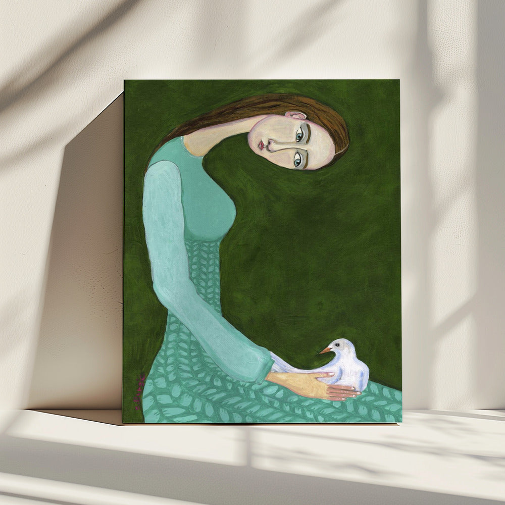 Dame zittend met witte duif vogel vrouw | Canvas