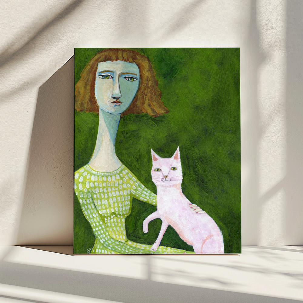 Kattenvrouw met roze kat | Canvas