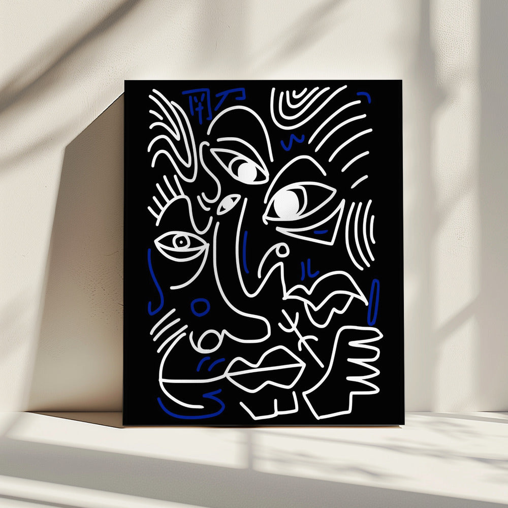 Witte en blauwe lijnen op een zwarte achtergrond | Canvas