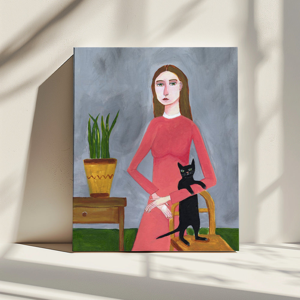 Kattenvrouw met zwarte kat | Canvas