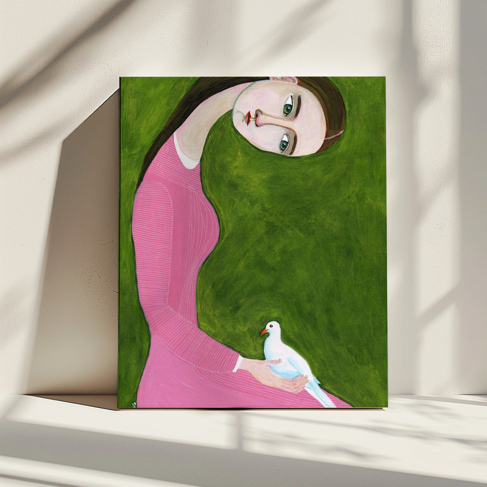 Meisje met duif zittend met roze jurk | Canvas