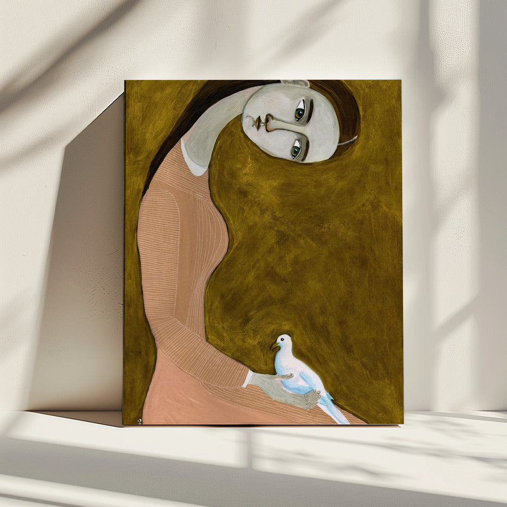 Meisje met duif zittend met roze jurk | Canvas
