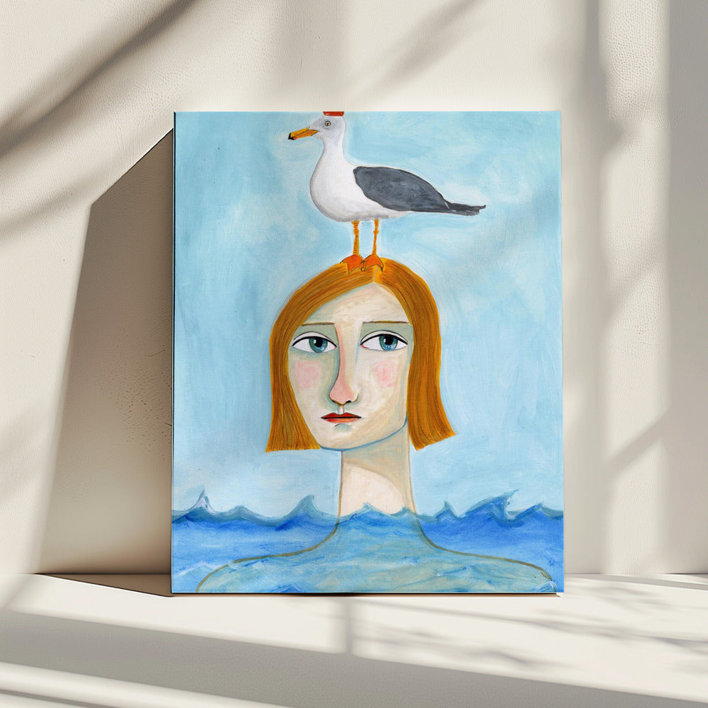 Naakte dame in oceaan met meeuw | Canvas
