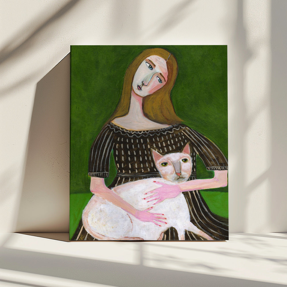 Vintage dame met witte kat | Canvas