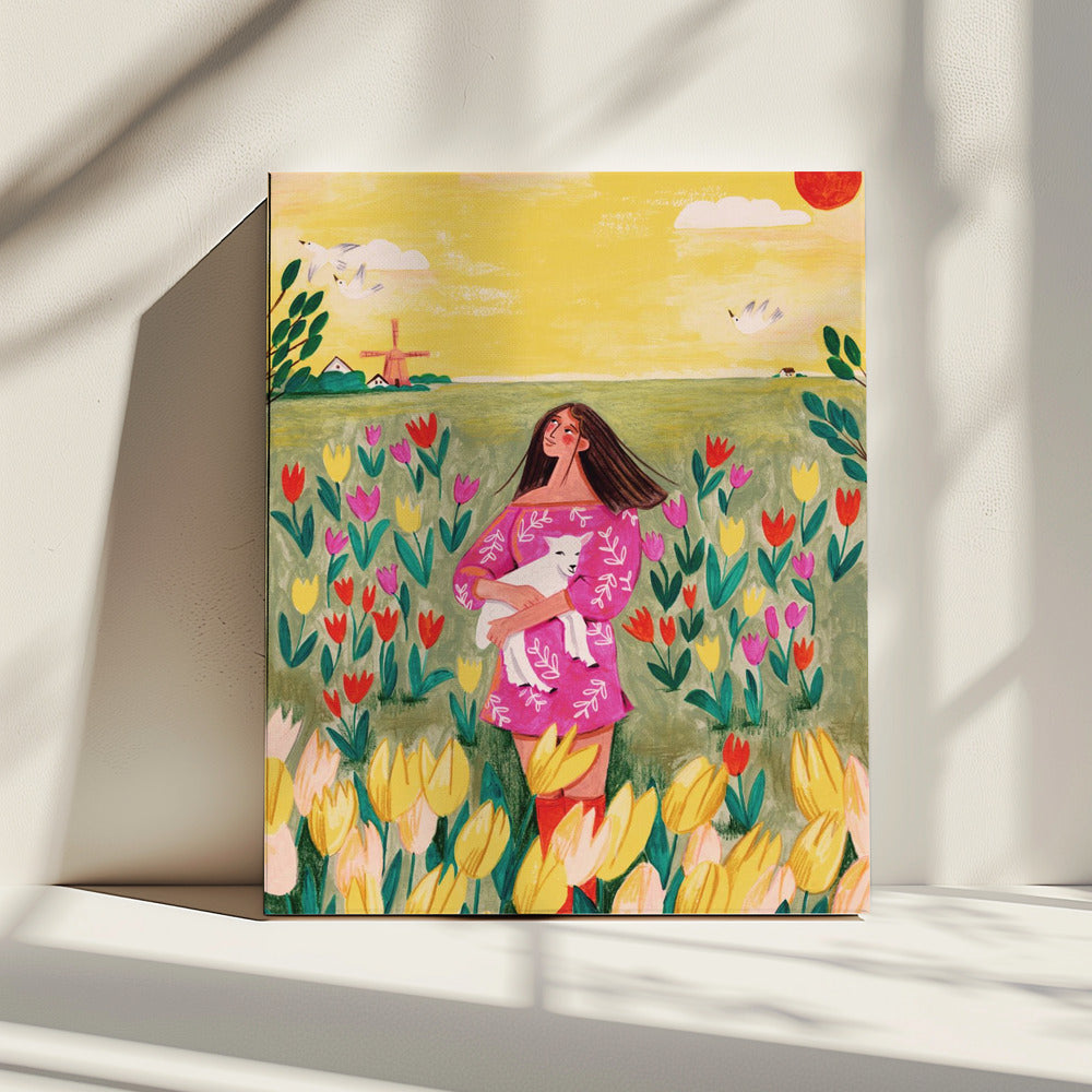 Vrouw in lentetulpenveld | Canvas
