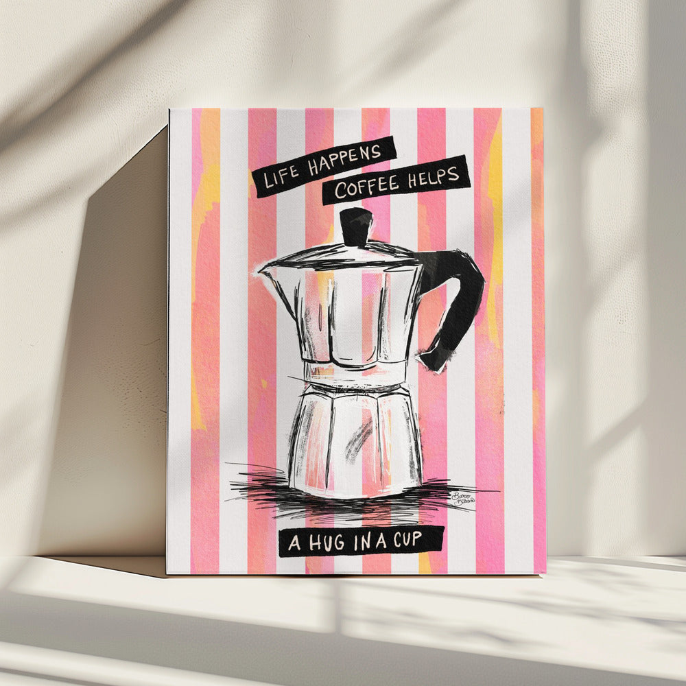 Mocca koffie op strepen - Knuffel in een kopje | Canvas