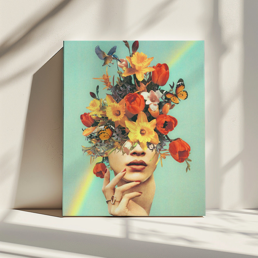 Baby in bloei - Regenboog, bloemen, vogels en vlinders | Canvas