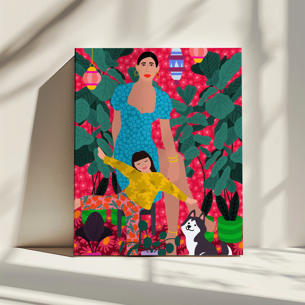 Vrouw en kind in de tuin | Canvas