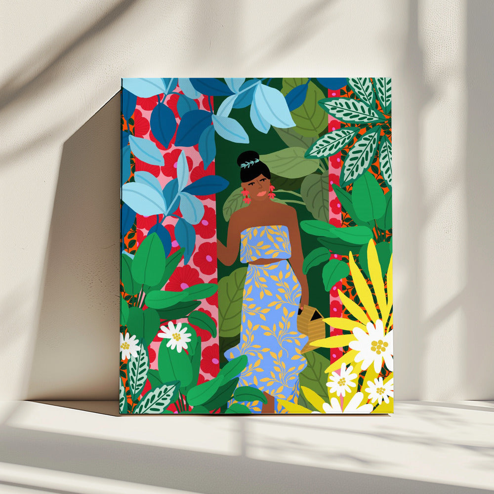 Vrouw in een jurk met bloemen | Canvas