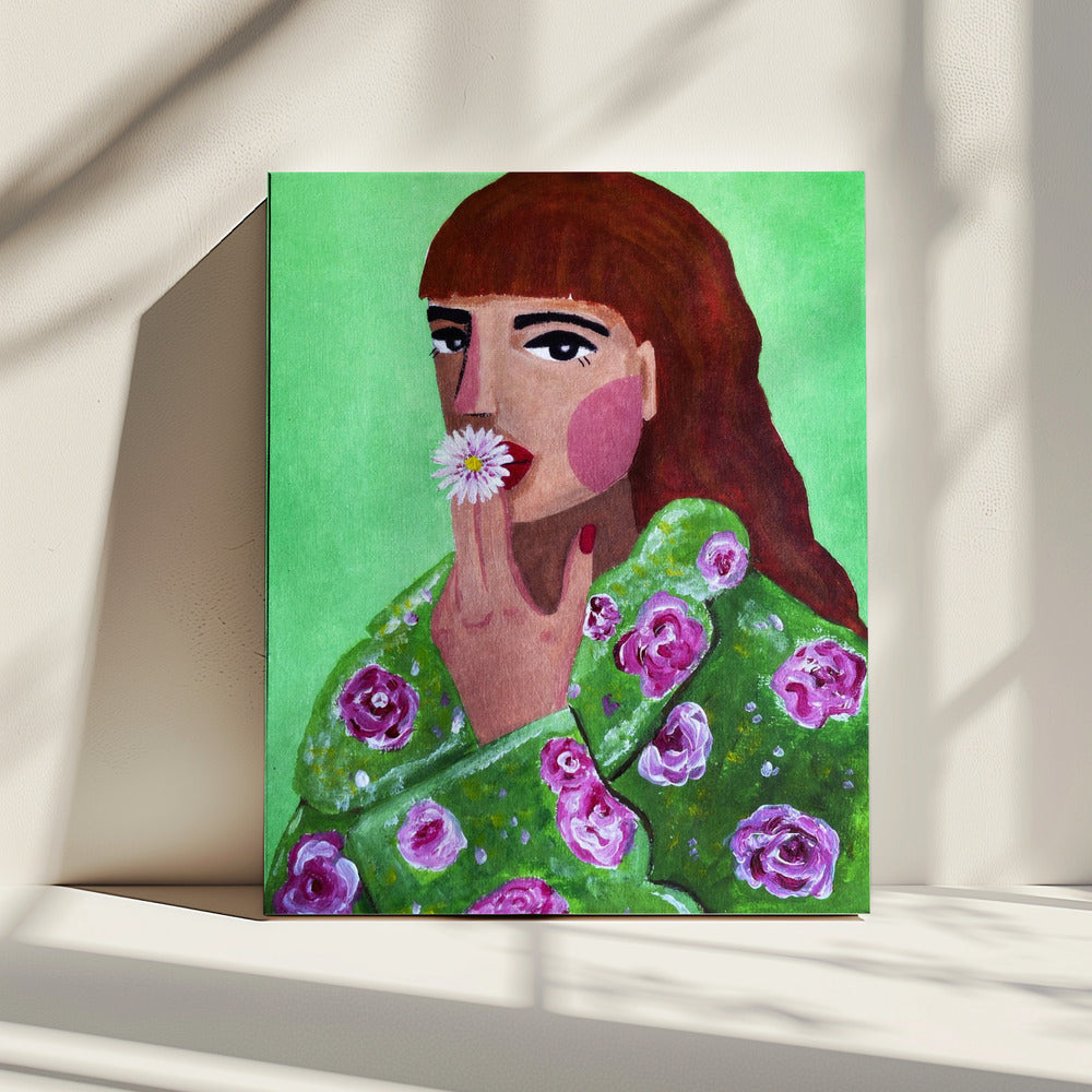 Vrouw die een bloem rookt | Canvas