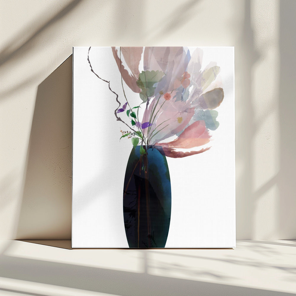 Blush Pink Floral In Blue Glass Vase | Canvas