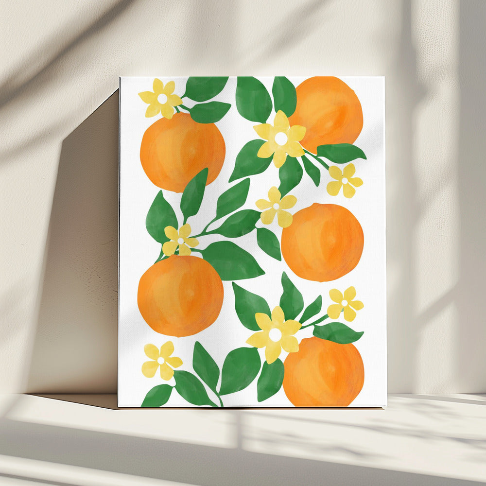 Sinaasappels met groene bladeren en delicate gele bloemen | Canvas