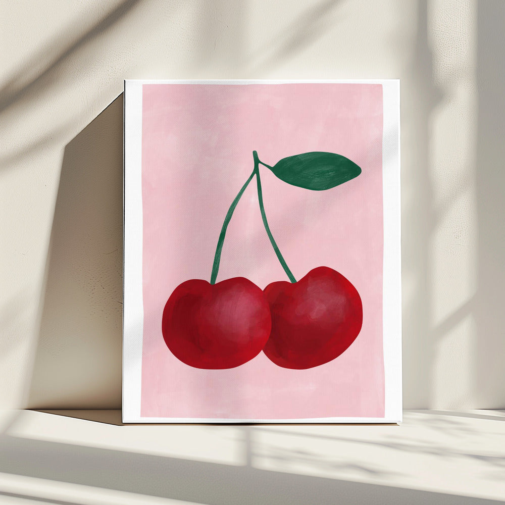 Rode kersen met een groen blad | Canvas
