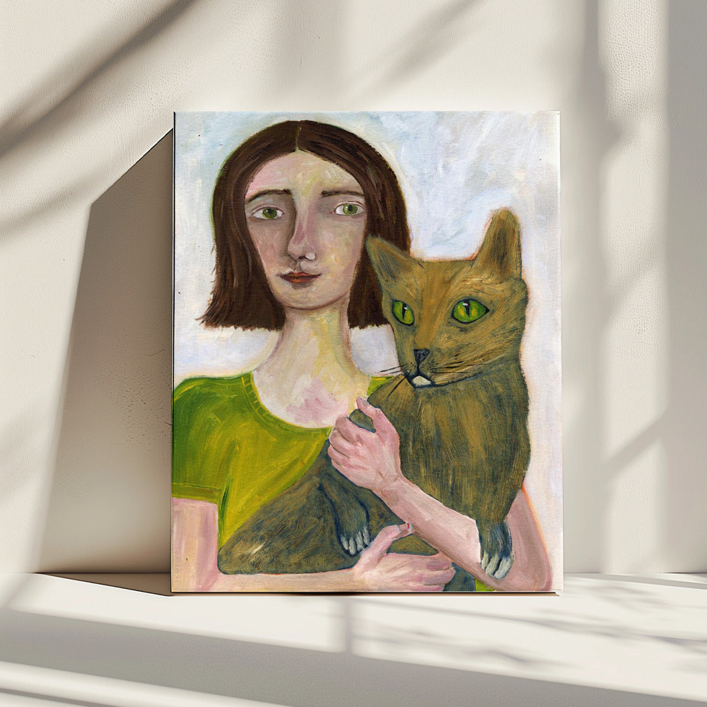 Kattenvrouw met groene kat | Canvas