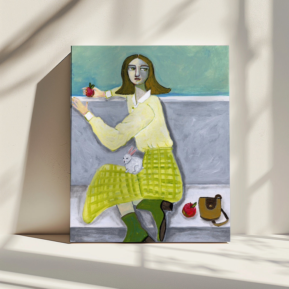 Dame en het Konijn met appel | Canvas