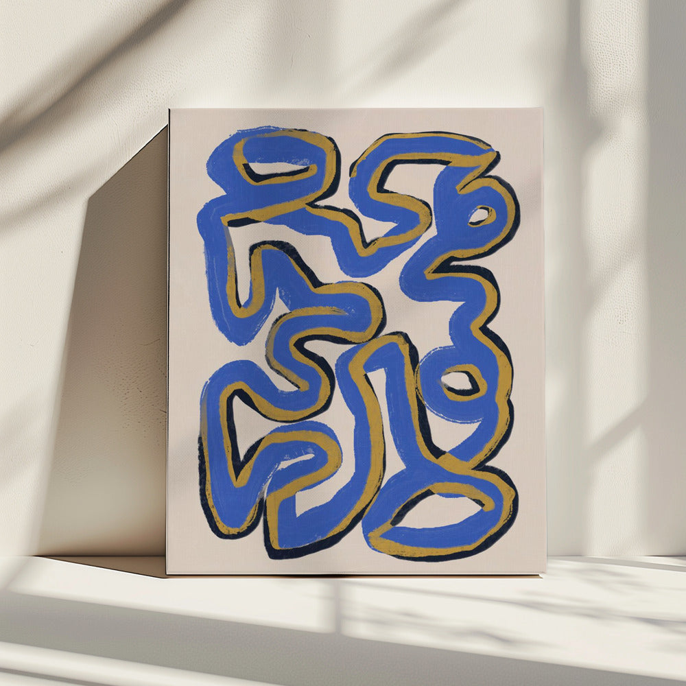 Verweven blauwe en okerkleurige lijnen | Canvas