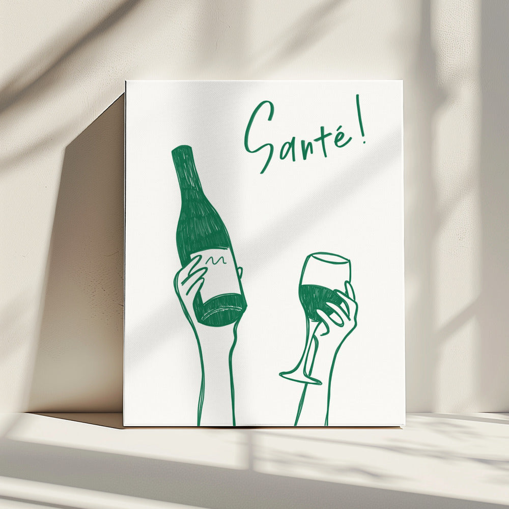 Handen met een fles wijn en een wijnglas met de tekst "Proost!" in het Frans | Canvas