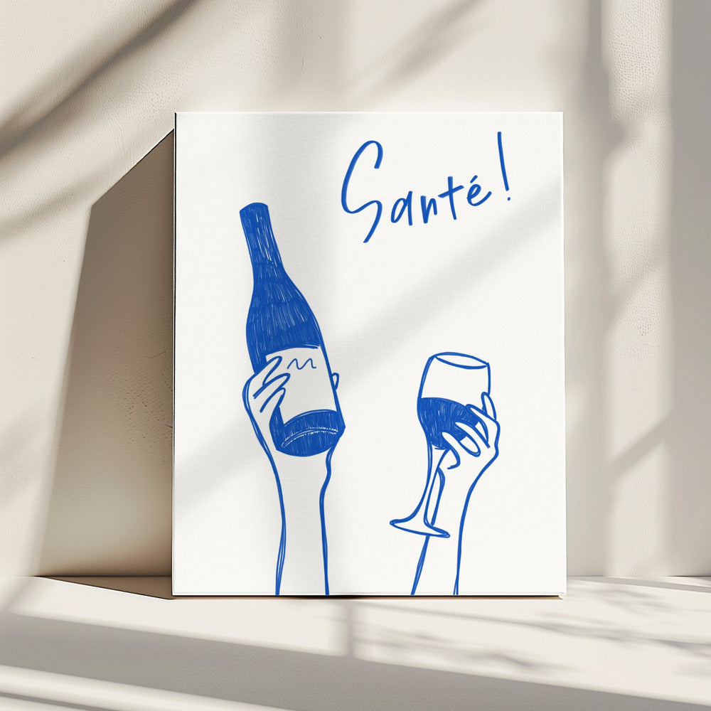 Handen met een fles wijn en een wijnglas met de tekst "Proost!" in het Frans | Canvas