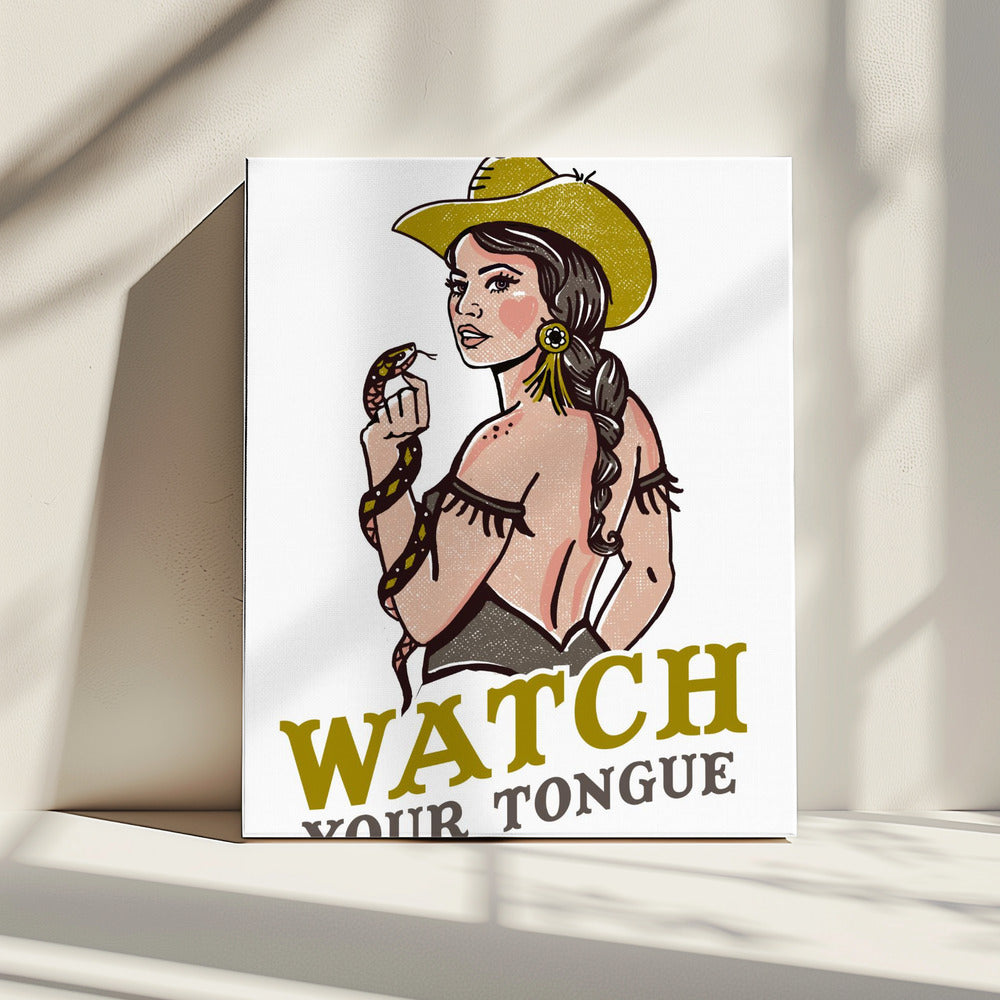 Watch Your Tongue Badass Pin-Up Cowgirl & Rattlesnake | Canvas