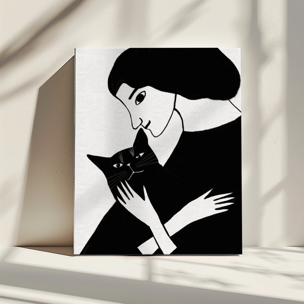 Kattenvrouw met zwarte kat | Canvas
