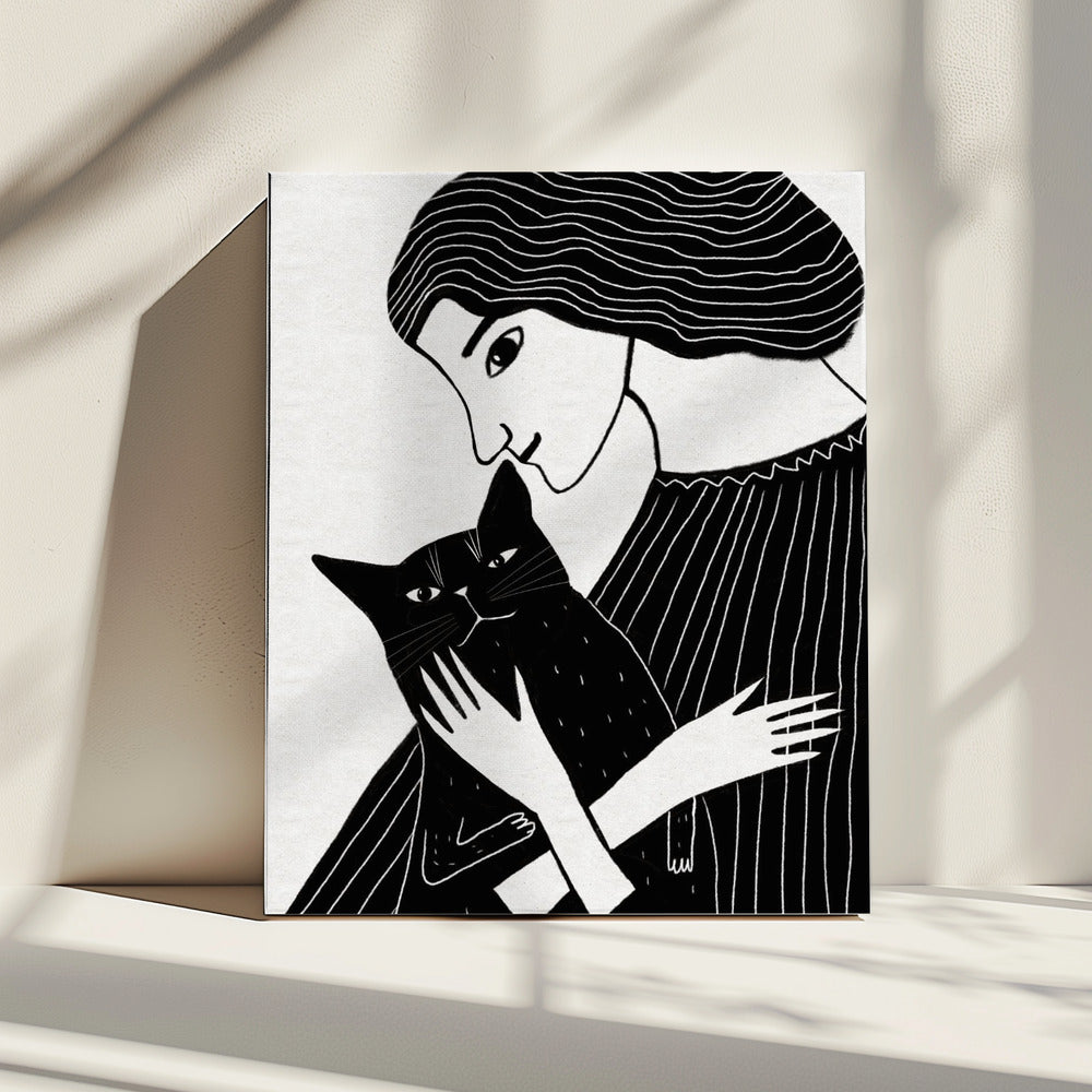 Kattenvrouw met zwarte kat | Canvas