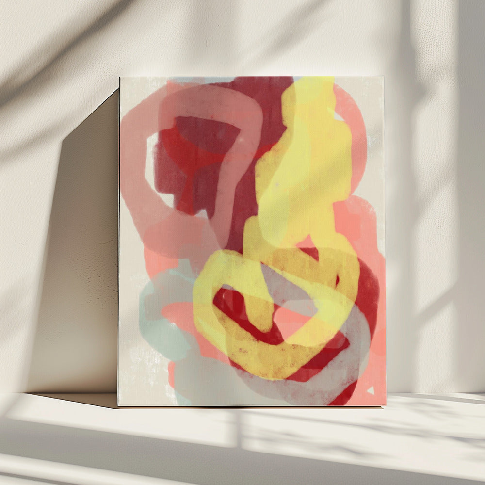 Abstract schilderij in pastel. Geel, rood en grijs. | Canvas