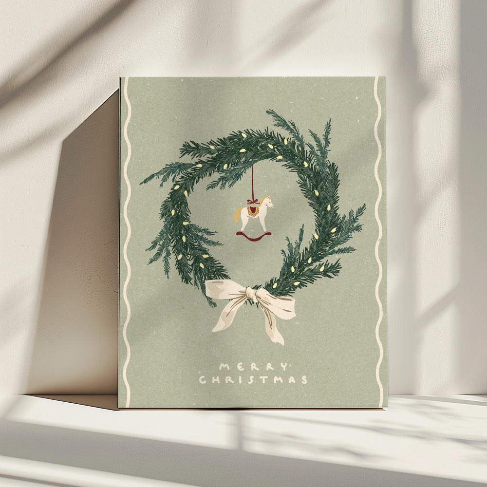 Paarden speelgoed op kerstkrans met strik | Canvas