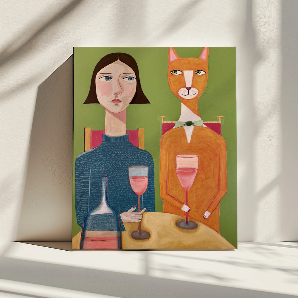 Dame en kat drinken wijn | Canvas