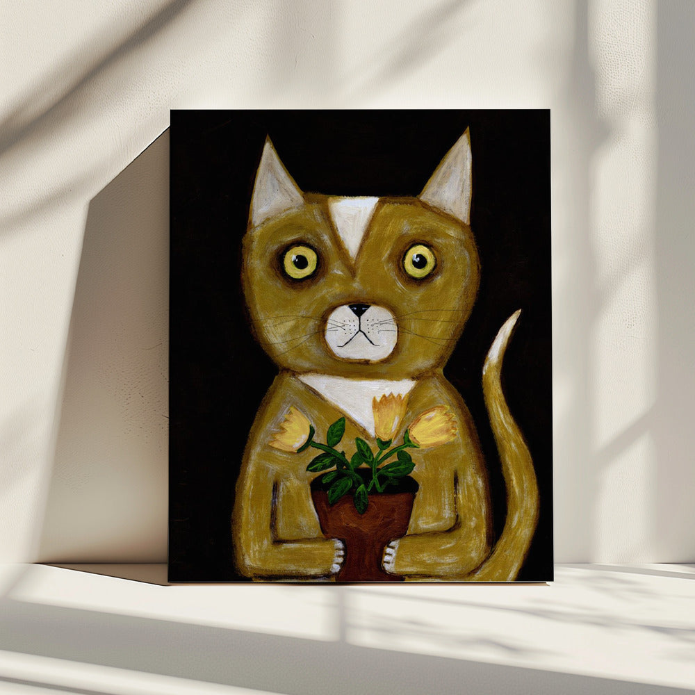 Potplant Kat zwarte achtergrond | Canvas
