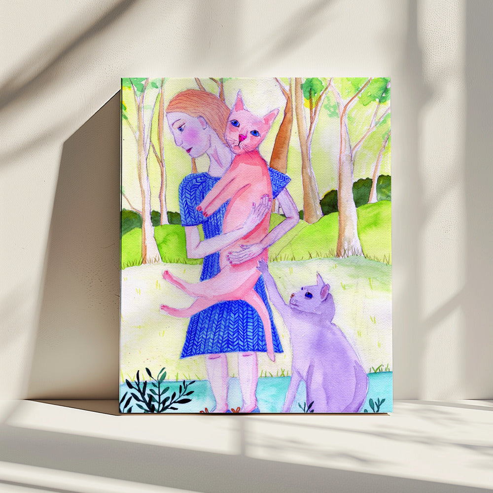 Dame met de roze en blauwe kat. | Canvas