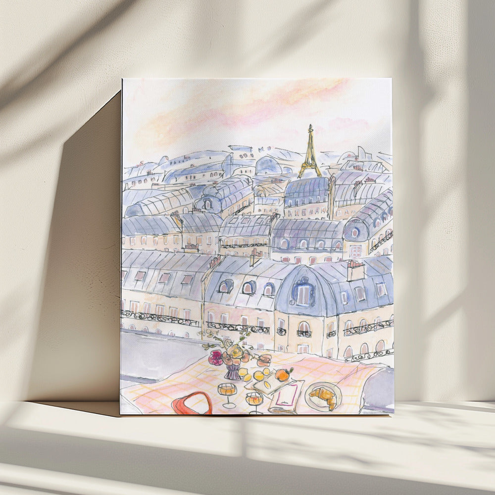 Picknick op een Parijse dak met uitzicht op de Eiffeltoren | Canvas