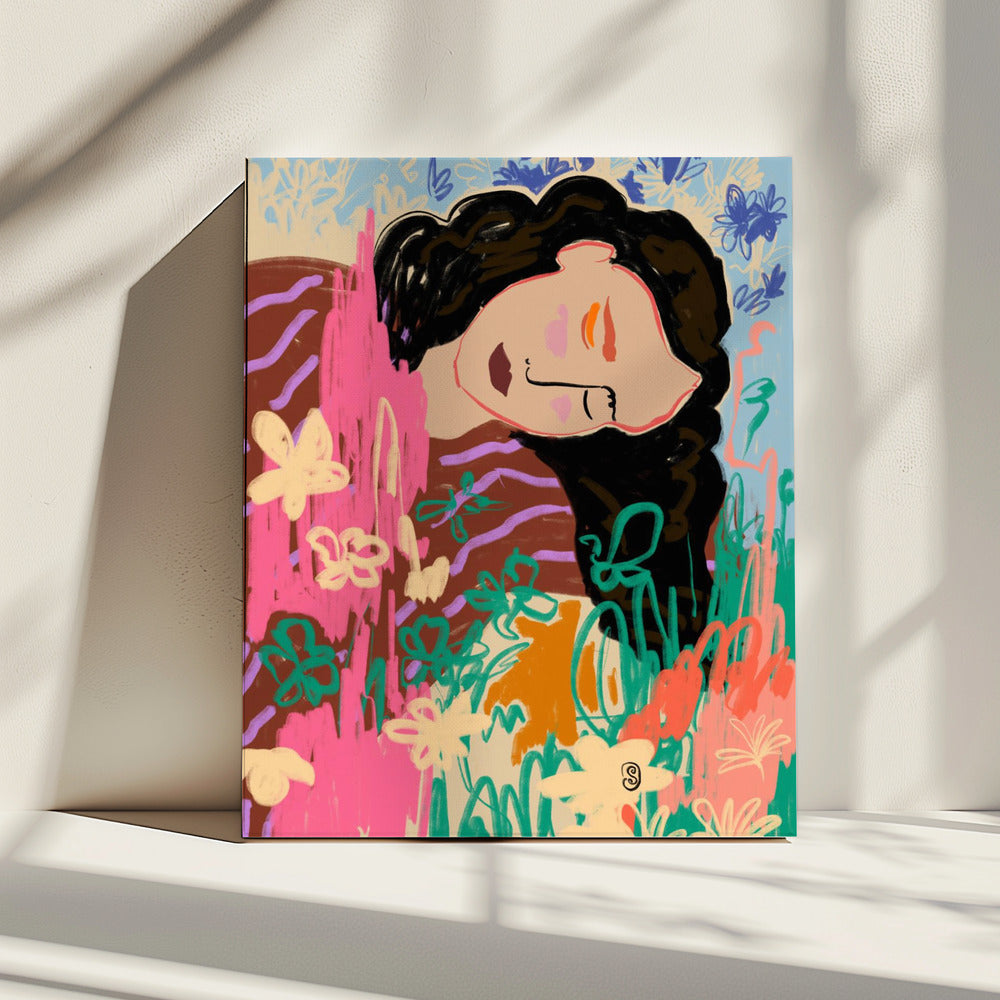 Expressieve figuur omringd door kleurrijke bloemen | Canvas