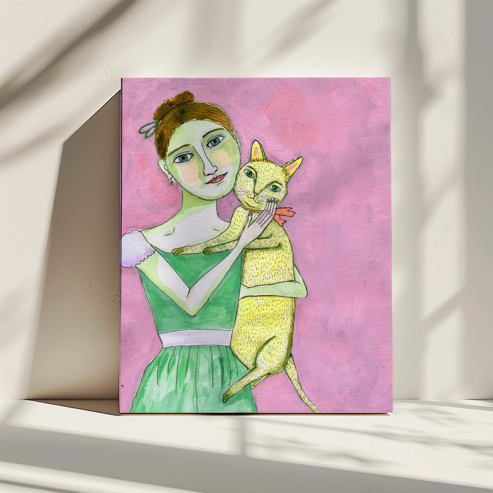 Dame met gele kat | Canvas