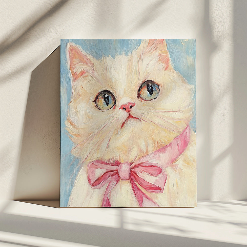 Roze strik witte kat | Canvas