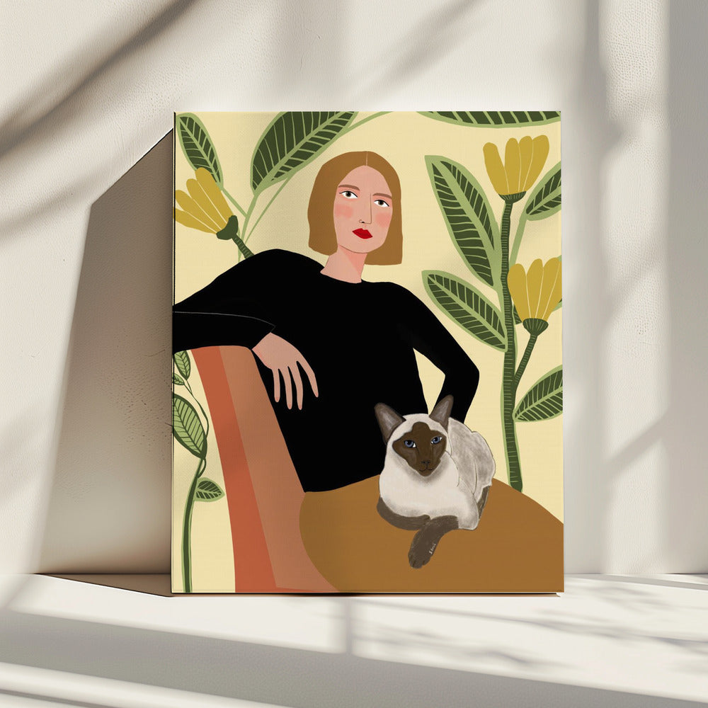 Dame met planten en kat | Canvas